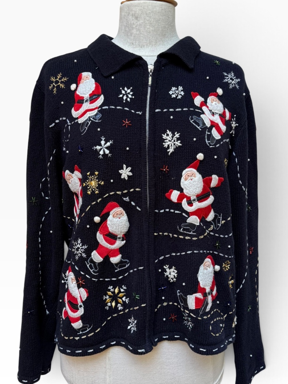 Design Studio Originals Large Vintage Ice Skating Santa Christmas Sweater Zip Up